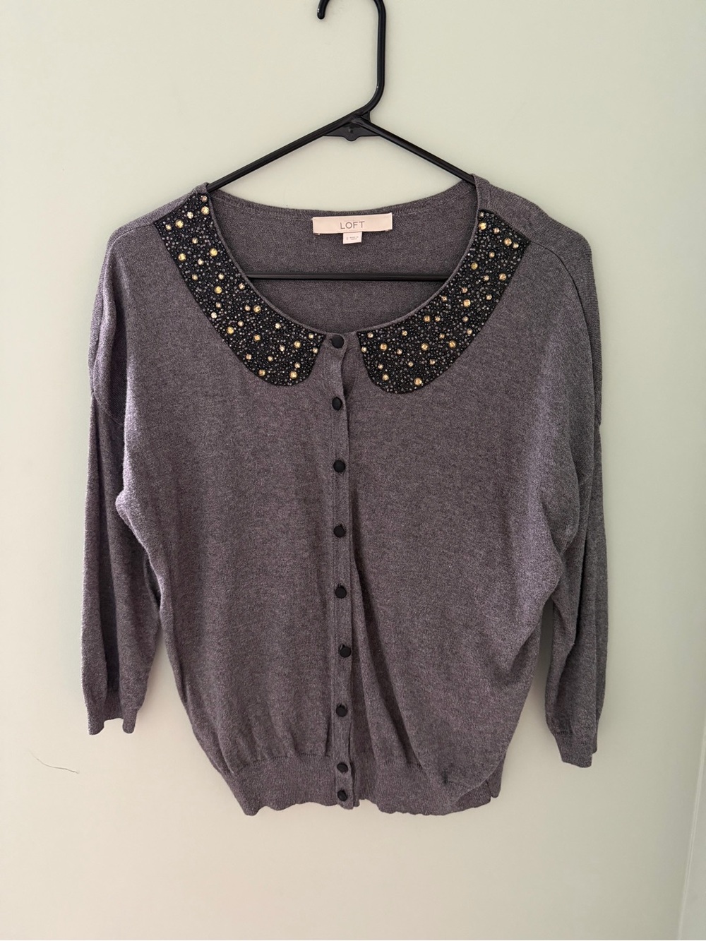 LOFT Gray Beaded Peter Pan Collar Cardigan